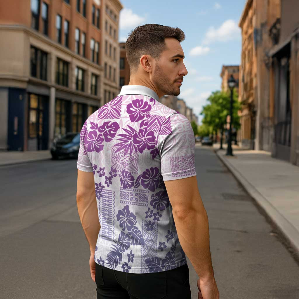 Vintage Hawaii Zipper Polo Shirt Hibiscus Tapa Tribal With Hawaiian Quilt Pattern Violet LT9 - Polynesian Pride