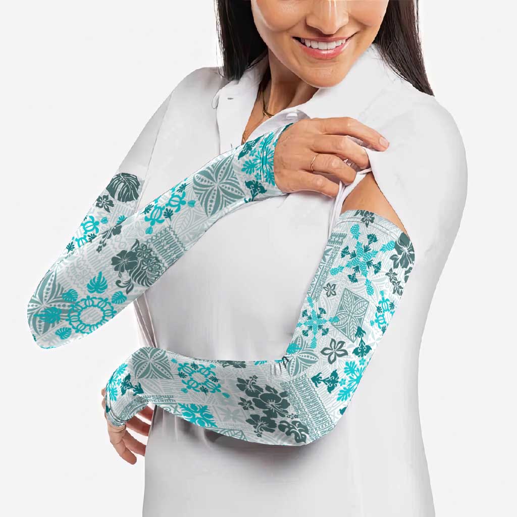 Hawaii Tapa Tribal Arm Sleeves With Hawaiian Quilt Pattern Aqua - Polynesian Pride