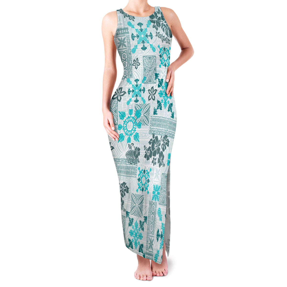 Hawaii Tapa Tribal Family Matching Tank Maxi Dress and Hawaiian Shirt With Hawaiian Quilt Pattern Aqua LT9 Mom's Dress Aqua - Polynesian Pride