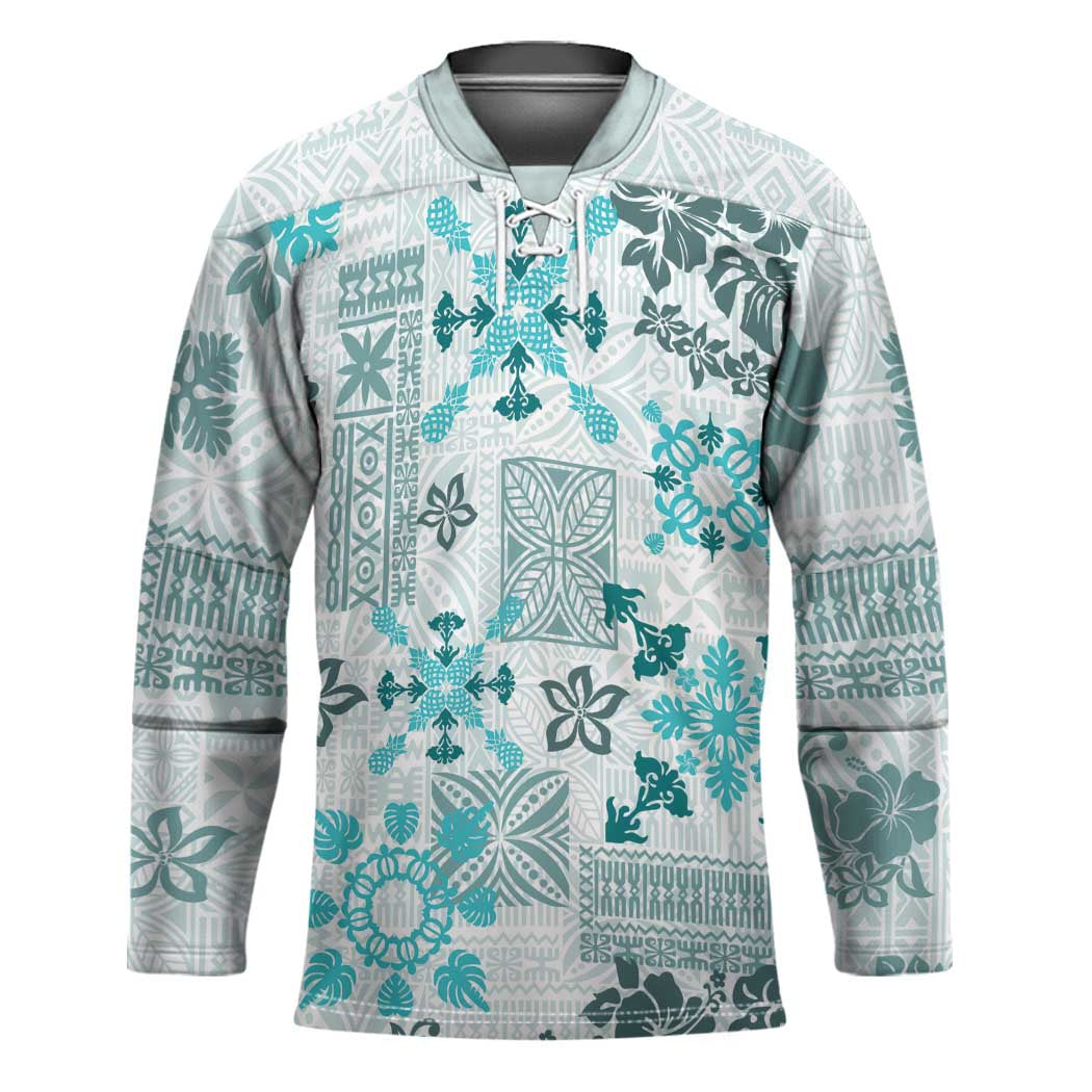 Hawaii Tapa Tribal Hockey Jersey With Hawaiian Quilt Pattern Aqua - Polynesian Pride