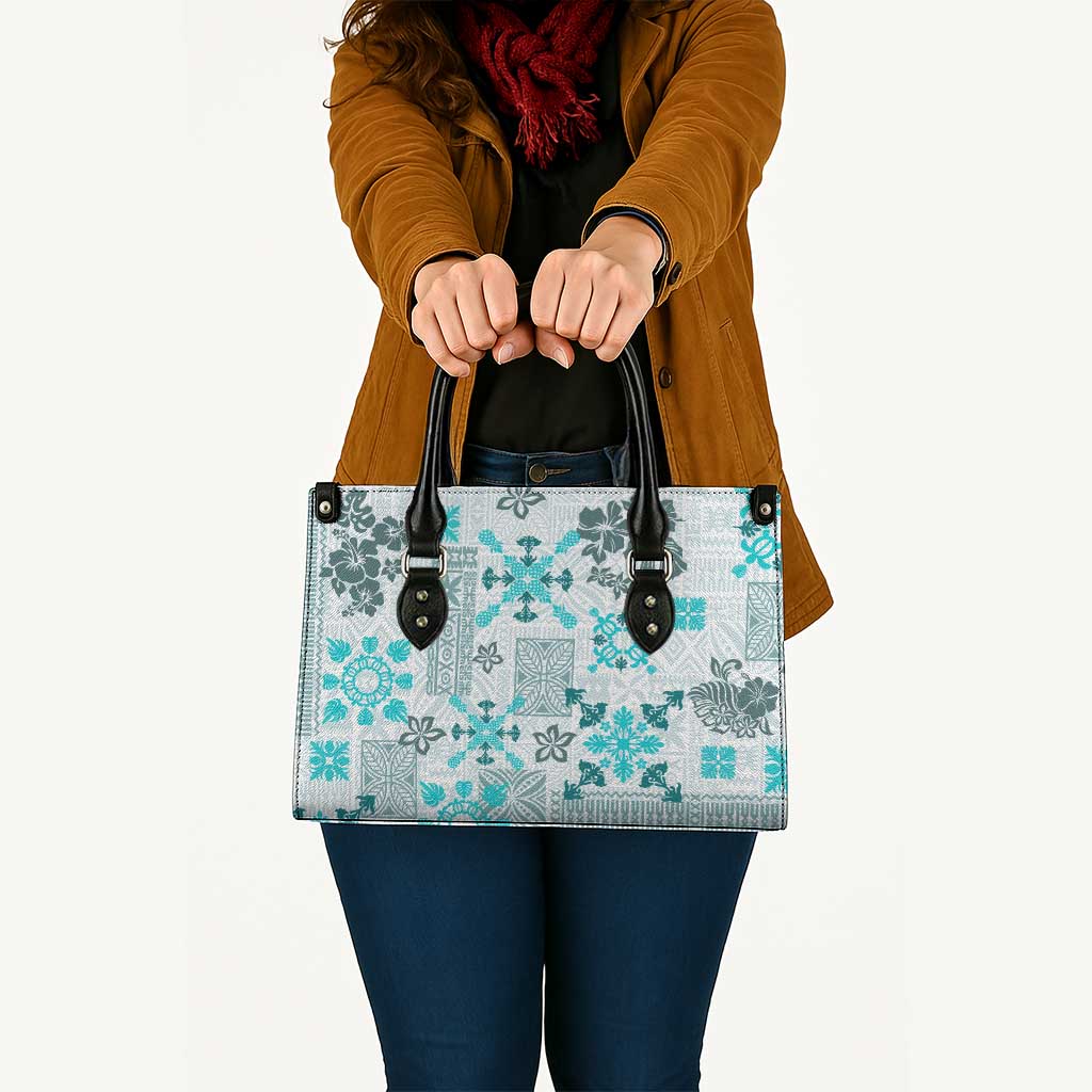 Hawaii Tapa Tribal Leather Bag With Hawaiian Quilt Pattern Aqua - Polynesian Pride