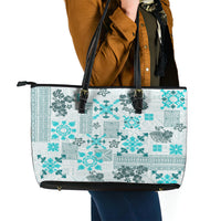 Hawaii Tapa Tribal Leather Tote Bag With Hawaiian Quilt Pattern Aqua LT9 - Polynesian Pride
