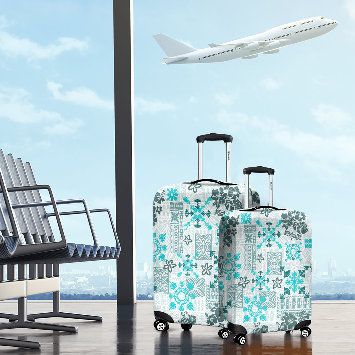 Hawaii Tapa Tribal Luggage Cover With Hawaiian Quilt Pattern Aqua LT9 - Polynesian Pride