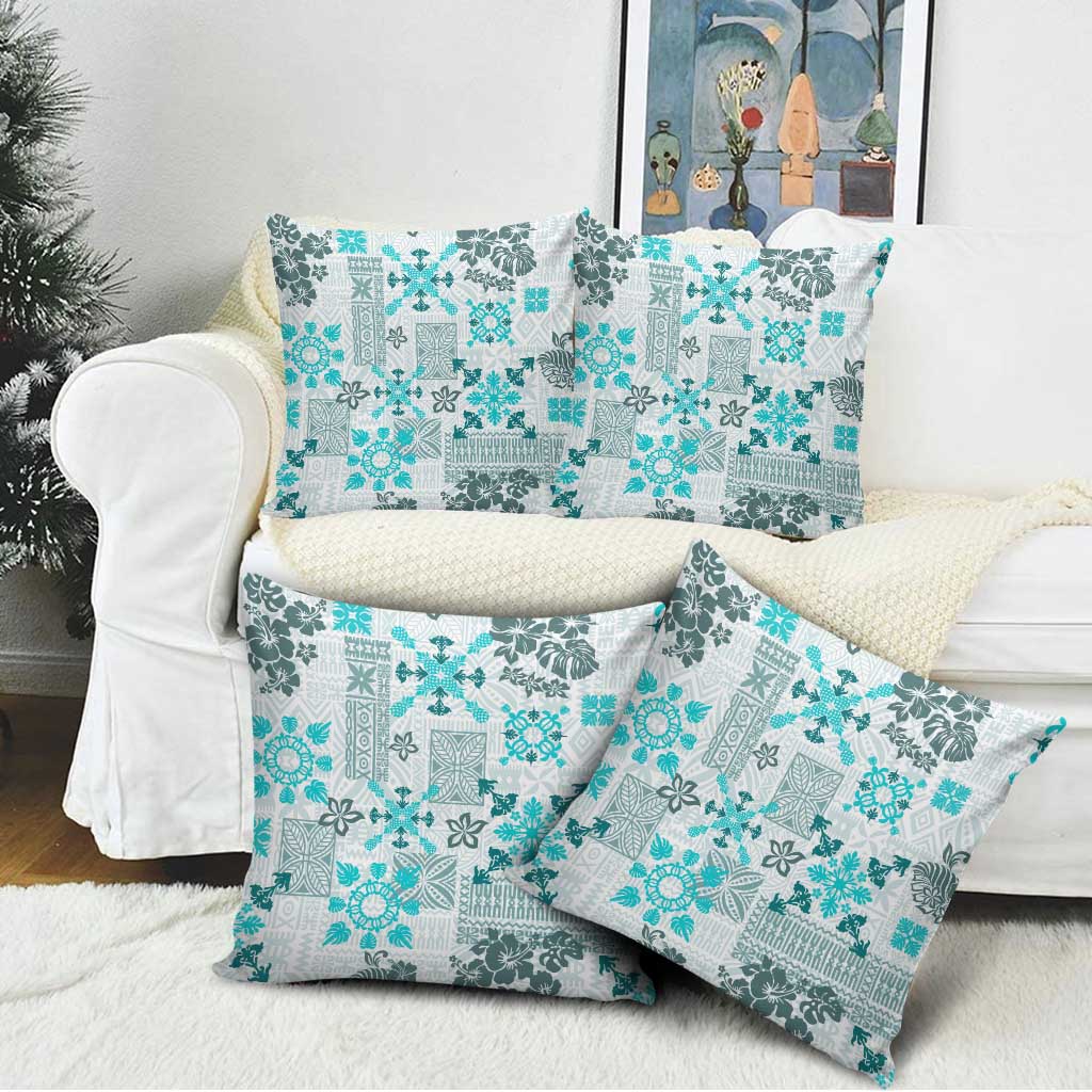 Hawaii Tapa Tribal Pillow Cover With Hawaiian Quilt Pattern Aqua - Polynesian Pride