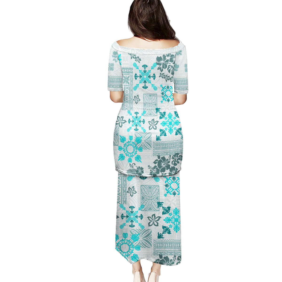 Hawaii Tapa Tribal Puletasi With Hawaiian Quilt Pattern Aqua LT9 - Polynesian Pride