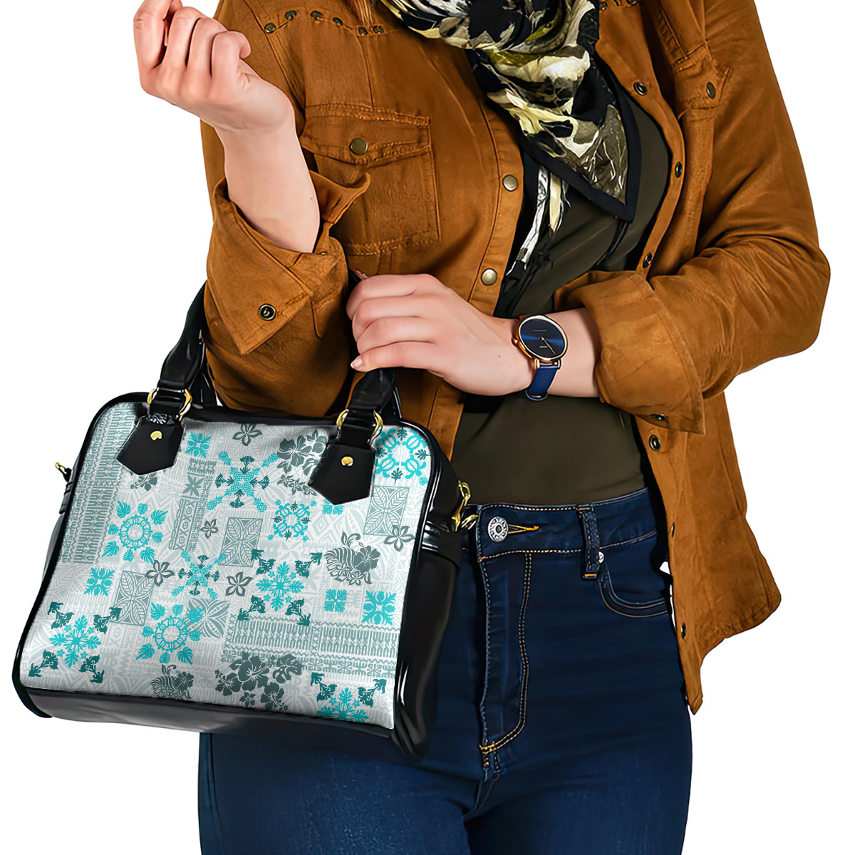 Hawaii Tapa Tribal Shoulder Handbag With Hawaiian Quilt Pattern Aqua LT9 - Polynesian Pride