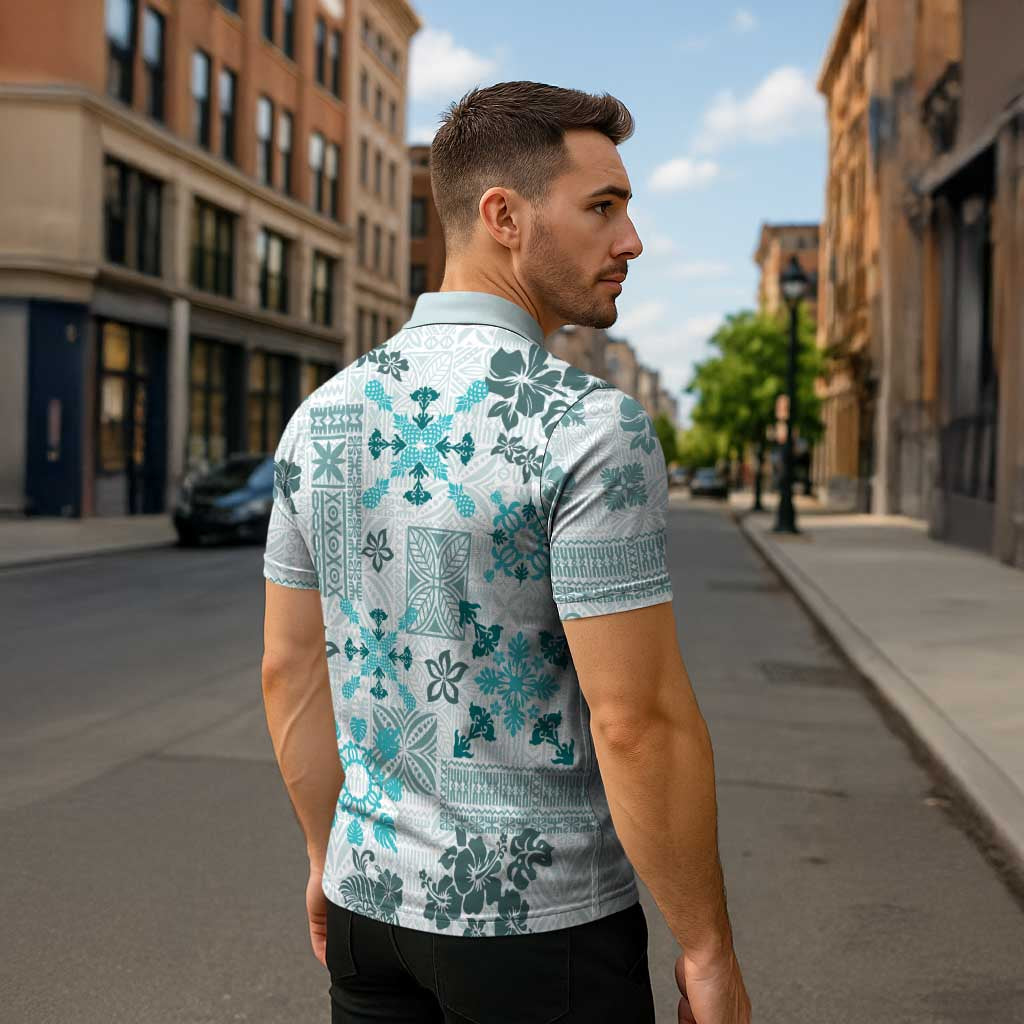 Hawaii Tapa Tribal Zipper Polo Shirt With Hawaiian Quilt Pattern Aqua - Polynesian Pride