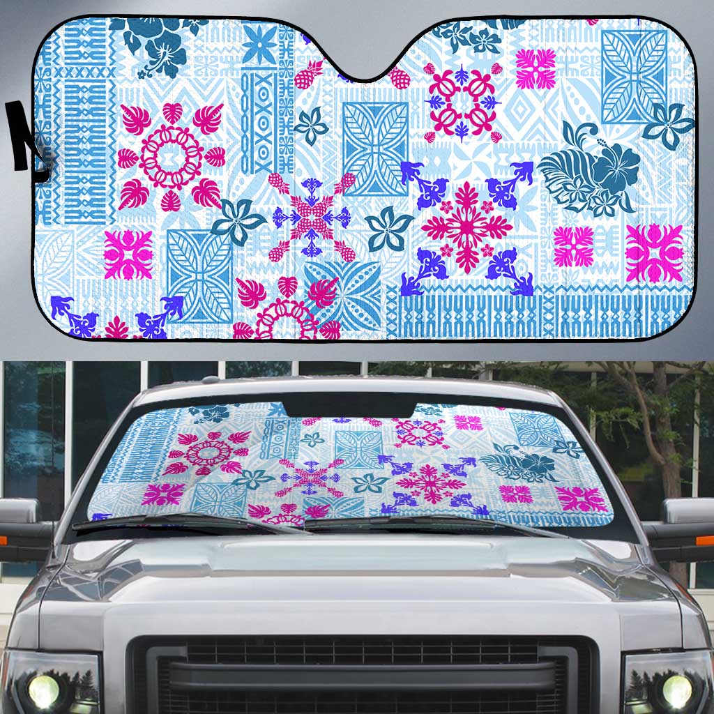 Hawaii Tapa Tribal Auto Sun Shade With Hawaiian Quilt Pattern Blue LT9 Blue - Polynesian Pride