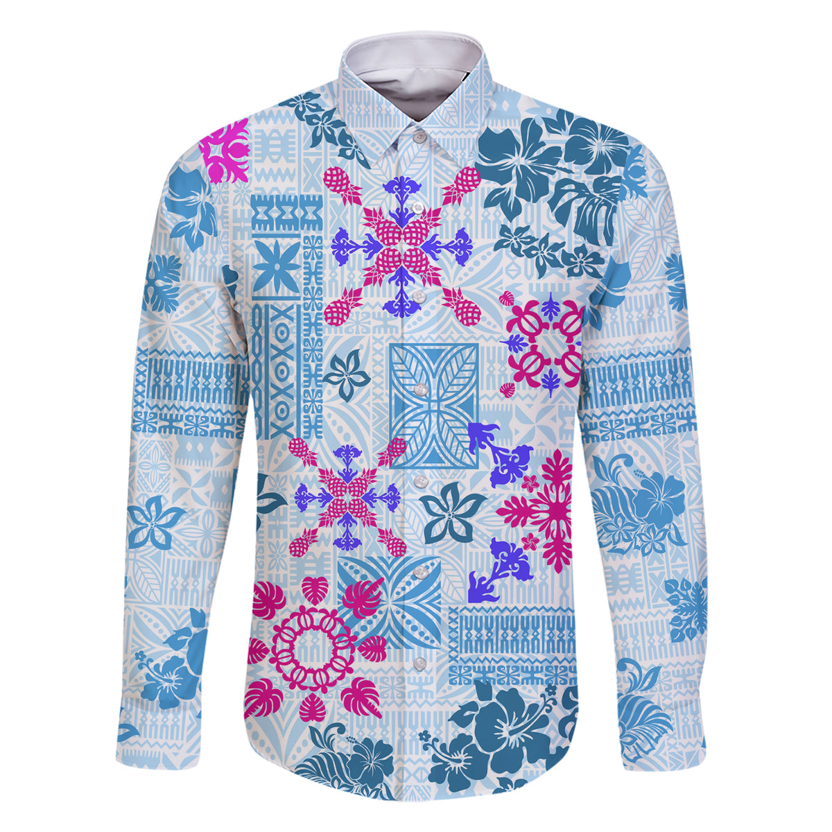 Hawaii Tapa Tribal Family Matching Short Sleeve Bodycon Dress and Hawaiian Shirt With Hawaiian Quilt Pattern Blue LT9 Dad's Shirt - Long Sleeve Blue - Polynesian Pride