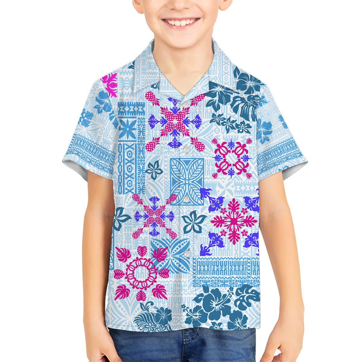 Hawaii Tapa Tribal Family Matching Tank Maxi Dress and Hawaiian Shirt With Hawaiian Quilt Pattern Blue LT9 Son's Shirt Blue - Polynesian Pride