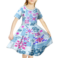 Hawaii Tapa Tribal Kid Short Sleeve Dress With Hawaiian Quilt Pattern Blue LT9 - Polynesian Pride
