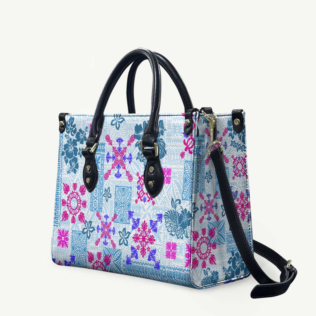 Hawaii Tapa Tribal Leather Bag With Hawaiian Quilt Pattern Blue - Polynesian Pride