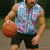 Hawaii Tapa Tribal Sleeveless Zip Hoodie With Hawaiian Quilt Pattern Blue - Polynesian Pride