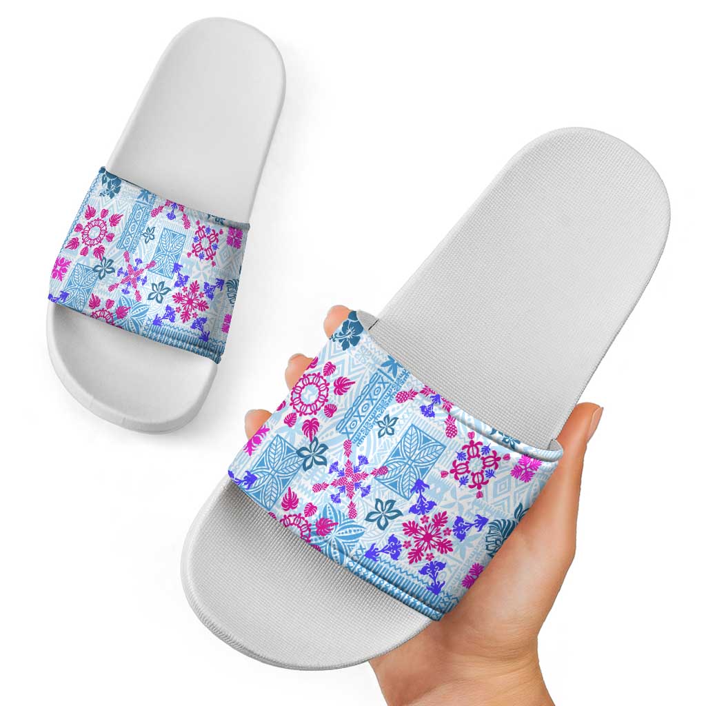 Hawaii Tapa Tribal Slide Sandals With Hawaiian Quilt Pattern Blue LT9 - Polynesian Pride
