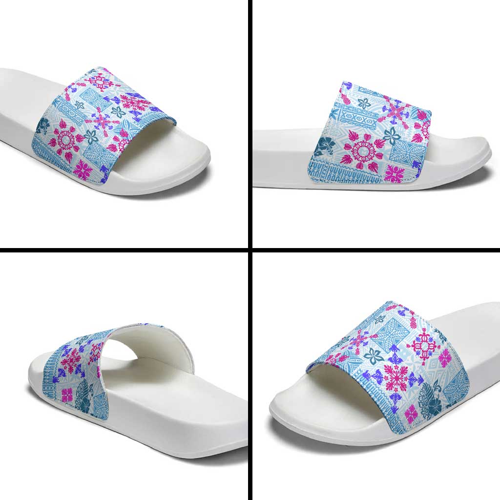 Hawaii Tapa Tribal Slide Sandals With Hawaiian Quilt Pattern Blue LT9 - Polynesian Pride