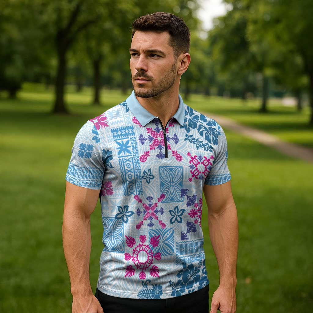 Hawaii Tapa Tribal Zipper Polo Shirt With Hawaiian Quilt Pattern Blue - Polynesian Pride