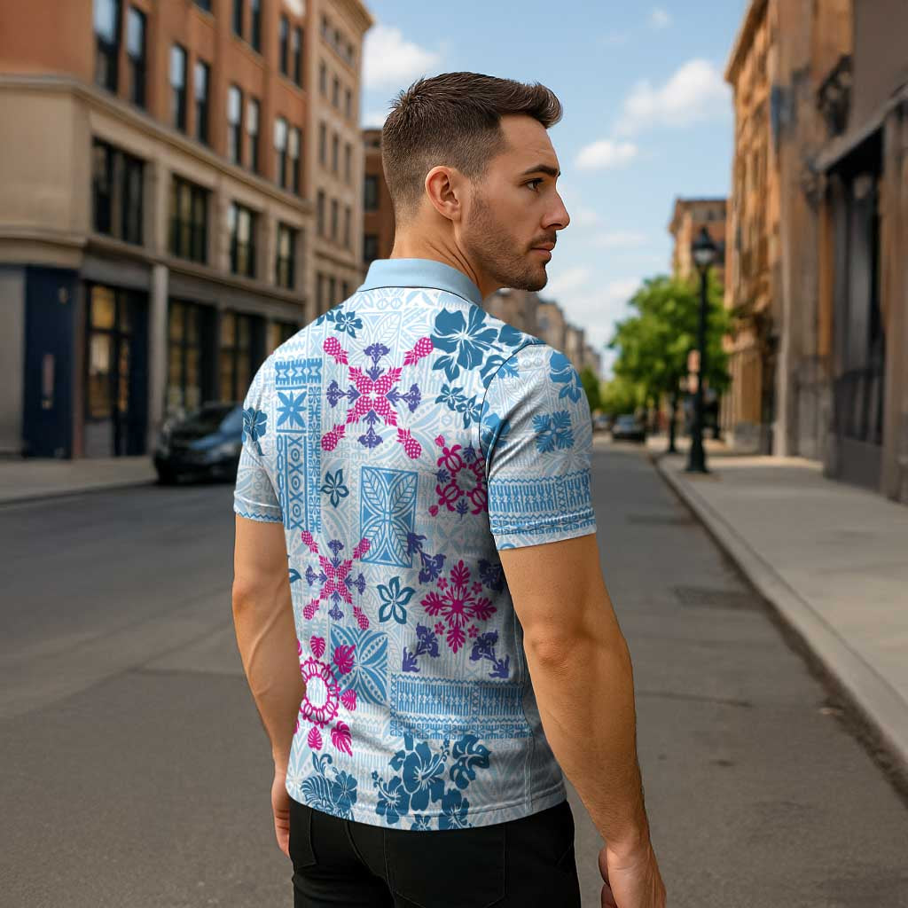 Hawaii Tapa Tribal Zipper Polo Shirt With Hawaiian Quilt Pattern Blue - Polynesian Pride