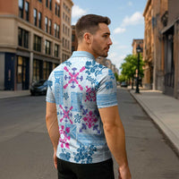 Hawaii Tapa Tribal Zipper Polo Shirt With Hawaiian Quilt Pattern Blue - Polynesian Pride