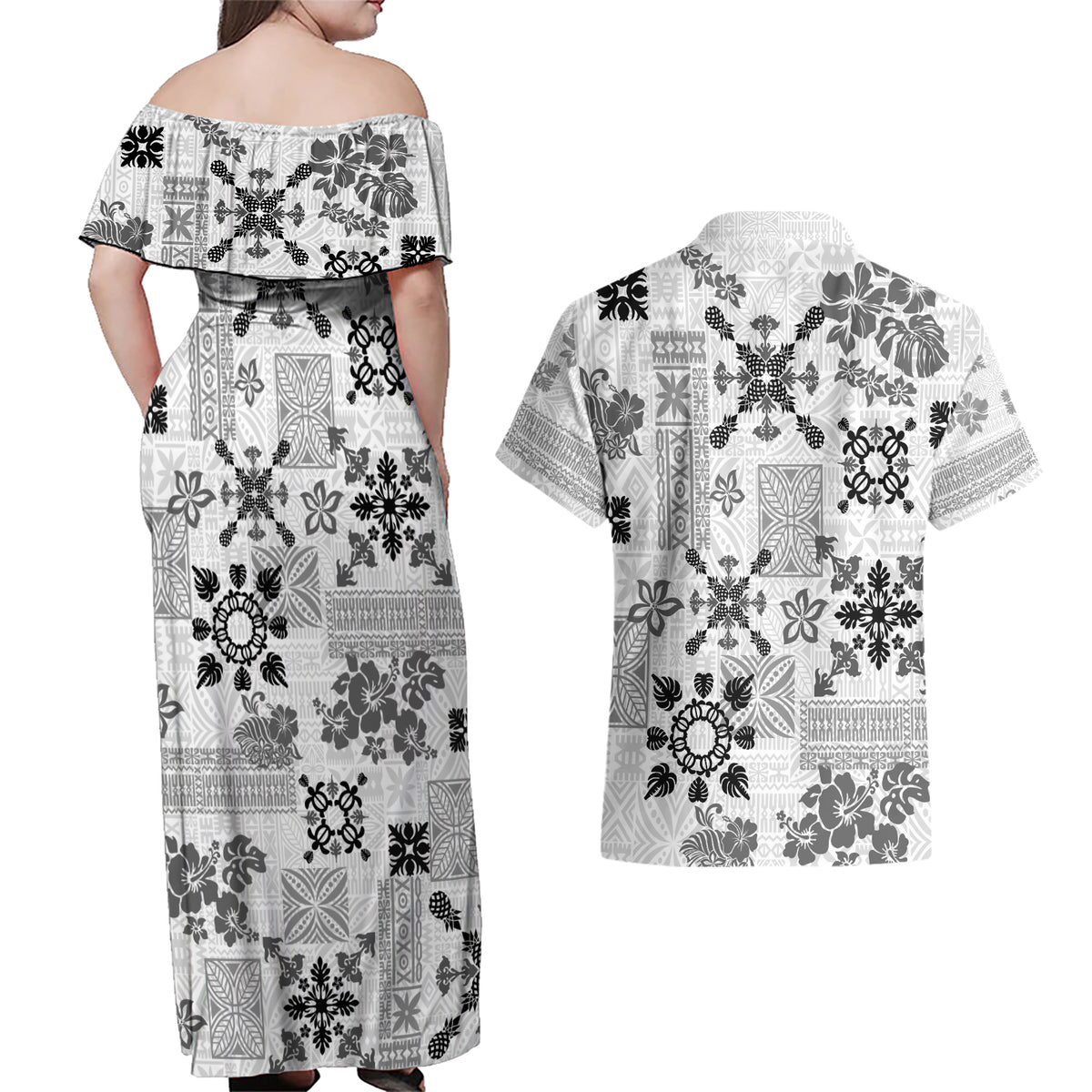 Hawaii Tapa Tribal Couples Matching Off Shoulder Maxi Dress and Hawaiian Shirt With Hawaiian Quilt Pattern Black LT9 - Polynesian Pride