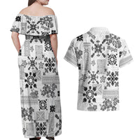 Hawaii Tapa Tribal Couples Matching Off Shoulder Maxi Dress and Hawaiian Shirt With Hawaiian Quilt Pattern Black LT9 - Polynesian Pride