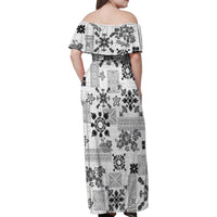 Hawaii Tapa Tribal Family Matching Off Shoulder Maxi Dress and Hawaiian Shirt With Hawaiian Quilt Pattern Black LT9 - Polynesian Pride