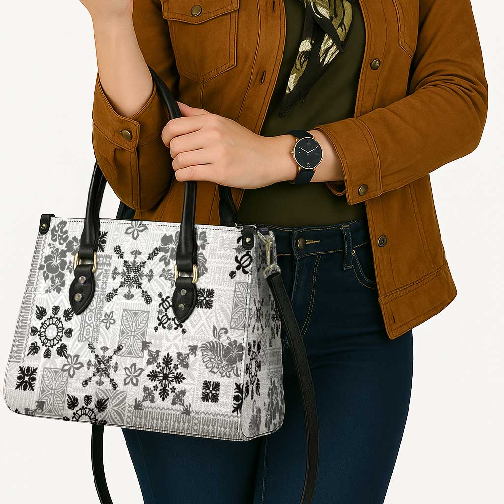 Hawaii Tapa Tribal Leather Bag With Hawaiian Quilt Pattern Black - Polynesian Pride
