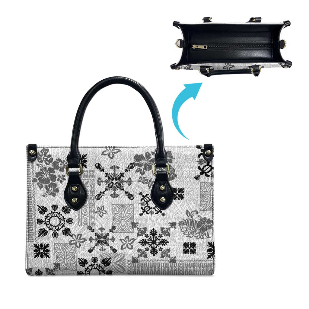 Hawaii Tapa Tribal Leather Bag With Hawaiian Quilt Pattern Black - Polynesian Pride