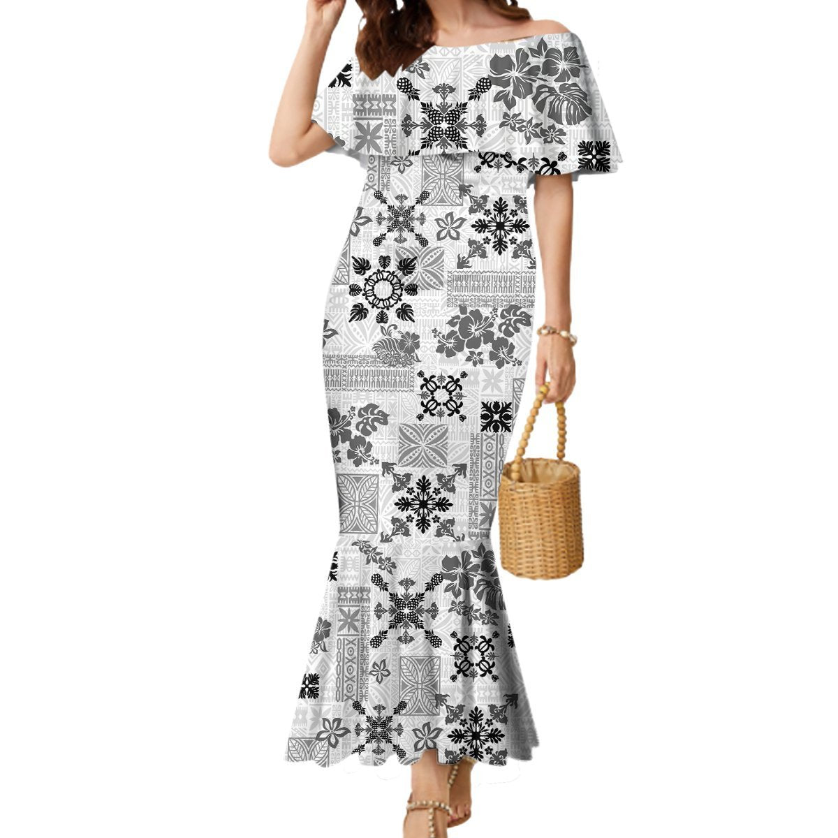 Hawaii Tapa Tribal Mermaid Dress With Hawaiian Quilt Pattern Black LT9 Women Black - Polynesian Pride