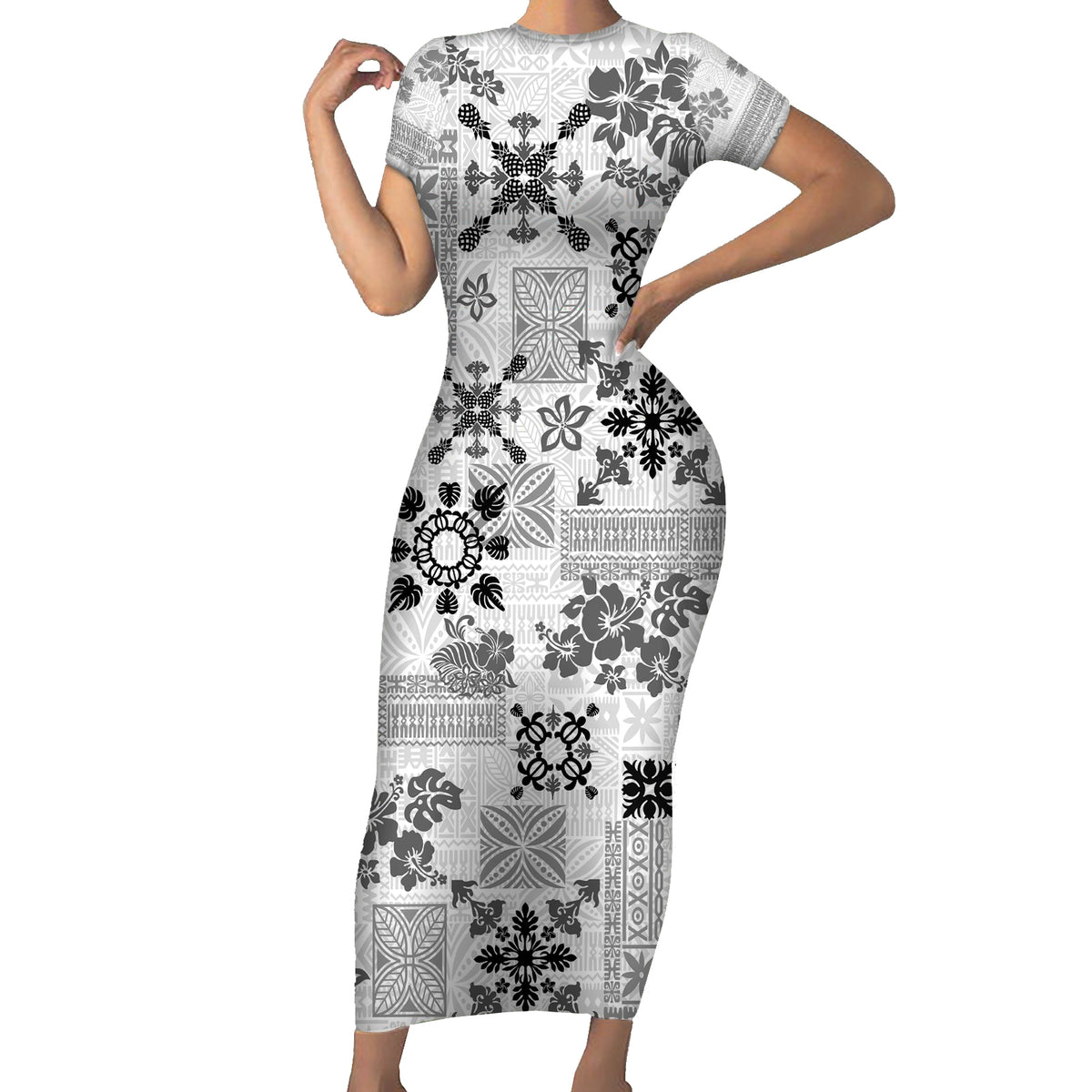 Hawaii Tapa Tribal Short Sleeve Bodycon Dress With Hawaiian Quilt Pattern Black LT9 Long Dress Black - Polynesian Pride