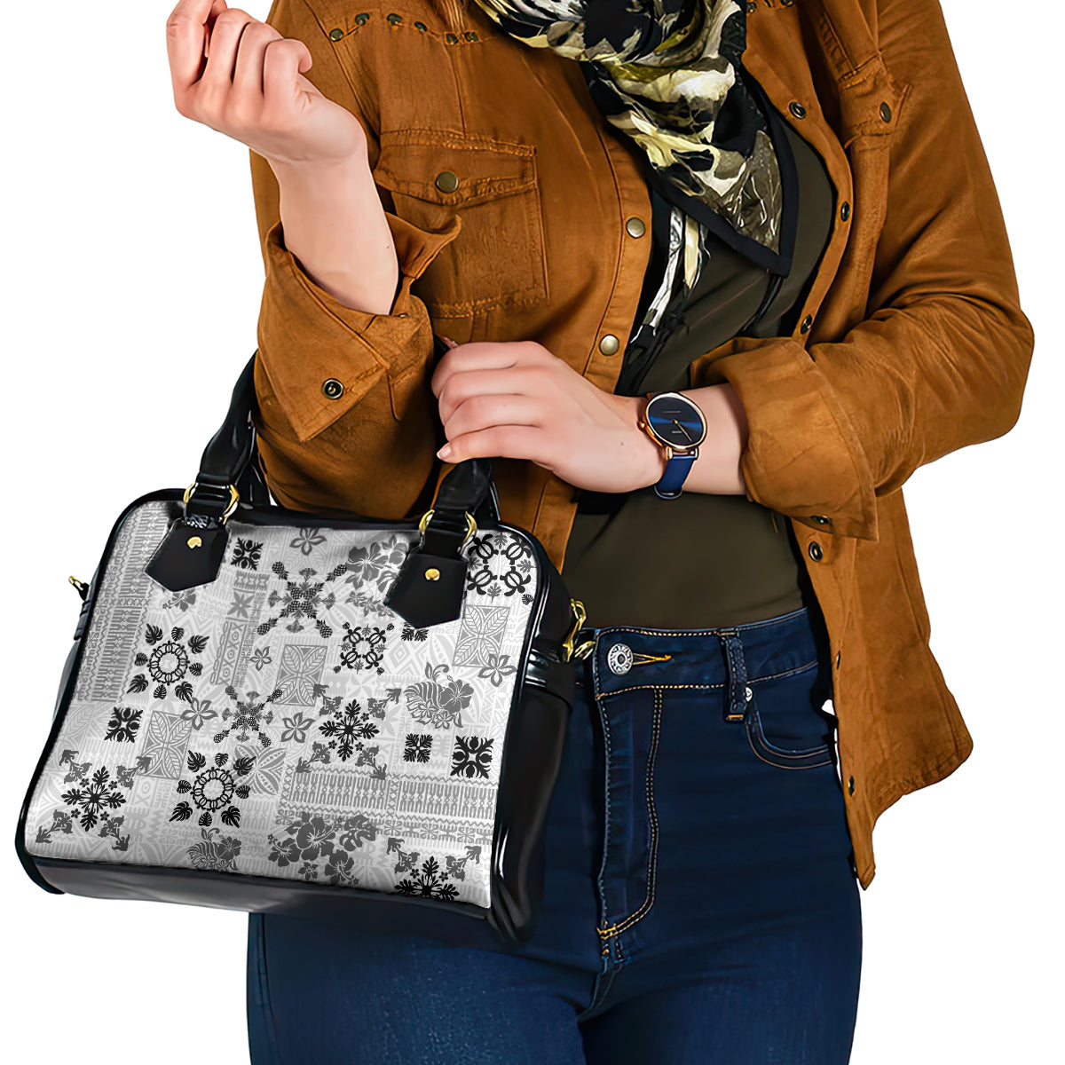 Hawaii Tapa Tribal Shoulder Handbag With Hawaiian Quilt Pattern Black LT9 - Polynesian Pride