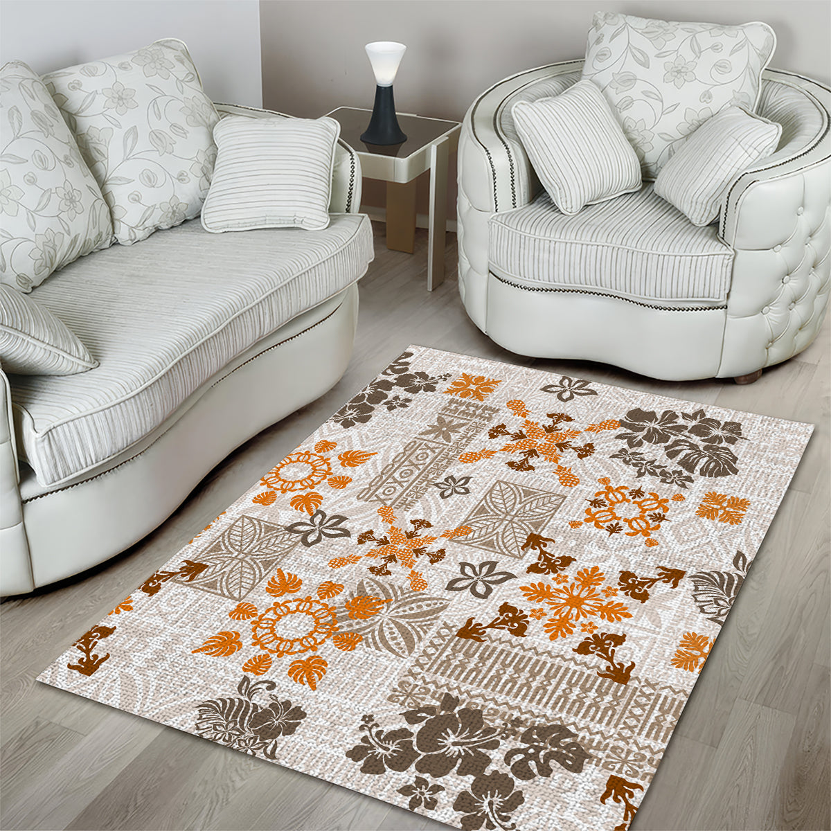 Hawaii Tapa Tribal Area Rug With Hawaiian Quilt Pattern Gold LT9 - Polynesian Pride