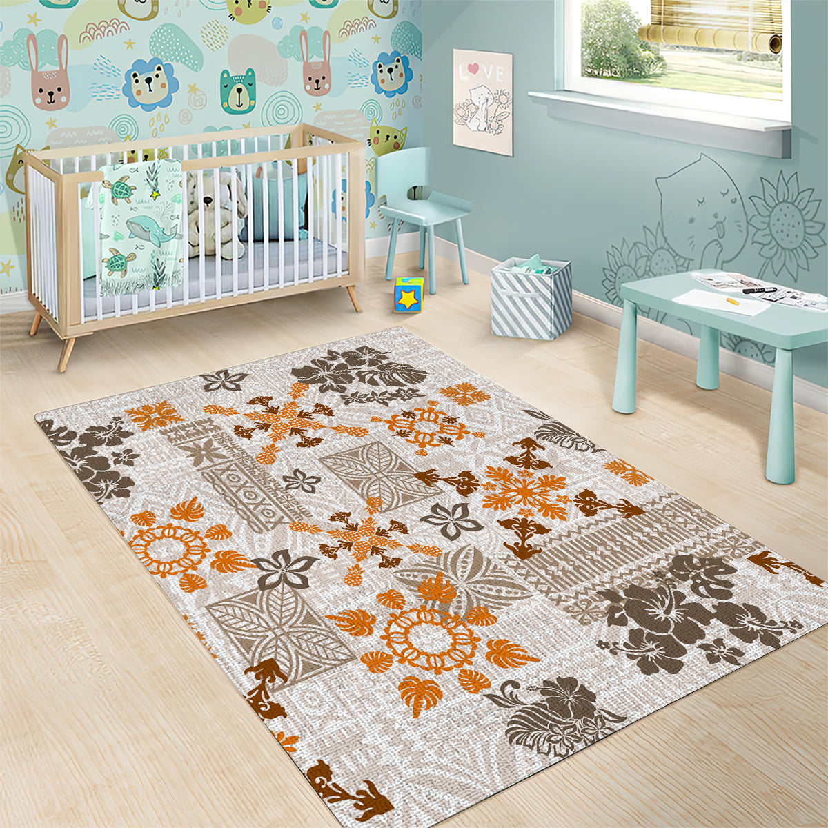 Hawaii Tapa Tribal Area Rug With Hawaiian Quilt Pattern Gold LT9 - Polynesian Pride