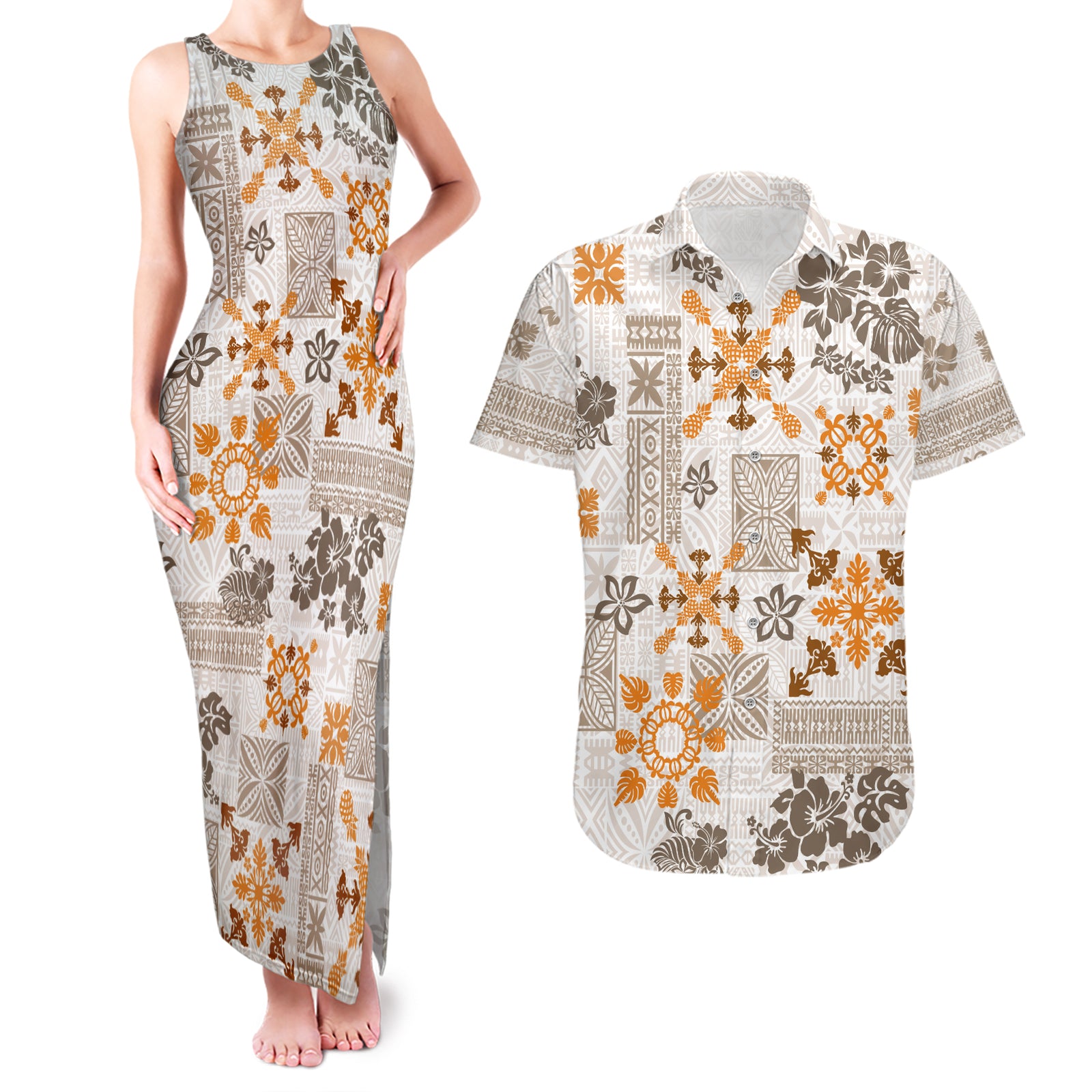 Hawaii Tapa Tribal Couples Matching Tank Maxi Dress and Hawaiian Shirt With Hawaiian Quilt Pattern Gold LT9 Gold - Polynesian Pride