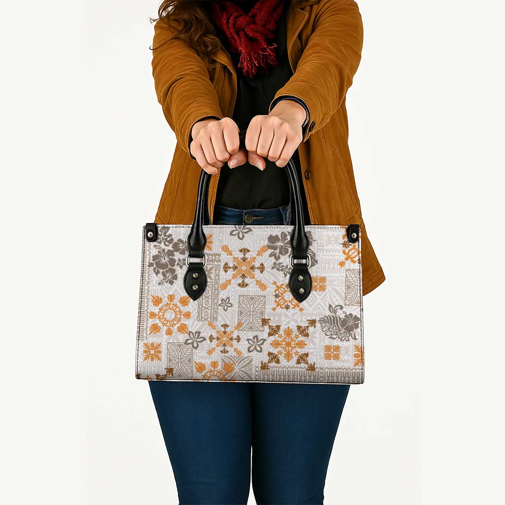 Hawaii Tapa Tribal Leather Bag With Hawaiian Quilt Pattern Gold - Polynesian Pride