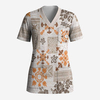 Hawaii Tapa Tribal Scrub Top With Hawaiian Quilt Pattern Gold LT9 Adult Gold - Polynesian Pride