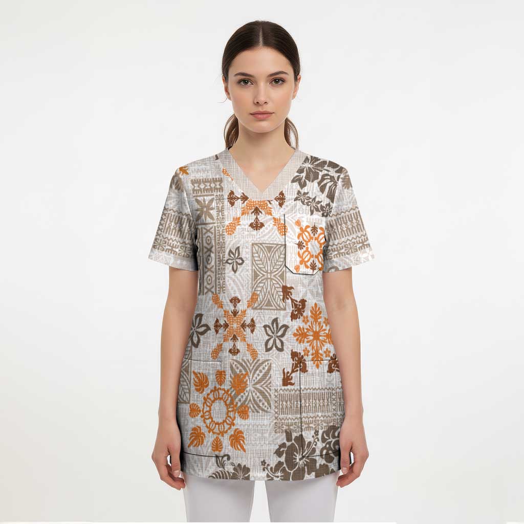 Hawaii Tapa Tribal Scrub Top With Hawaiian Quilt Pattern Gold LT9 - Polynesian Pride
