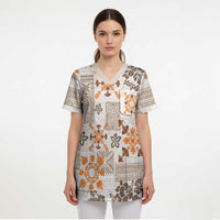 Hawaii Tapa Tribal Scrub Top With Hawaiian Quilt Pattern Gold LT9 - Polynesian Pride