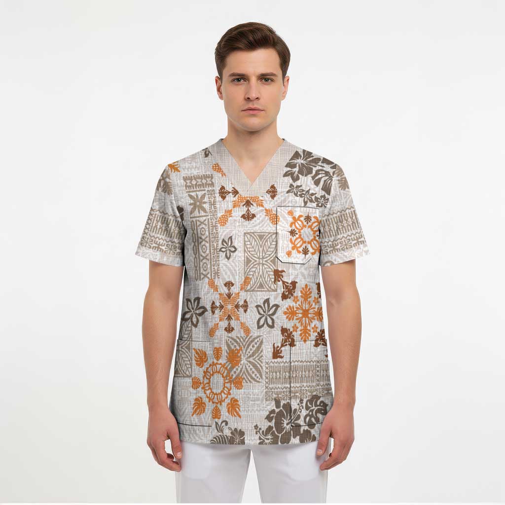 Hawaii Tapa Tribal Scrub Top With Hawaiian Quilt Pattern Gold LT9 - Polynesian Pride