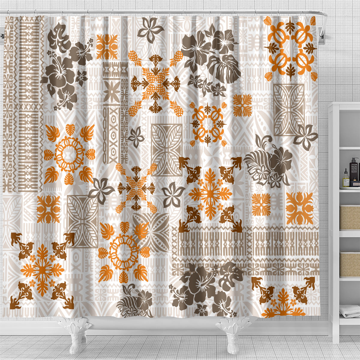 Hawaii Tapa Tribal Shower Curtain With Hawaiian Quilt Pattern Gold LT9 - Polynesian Pride