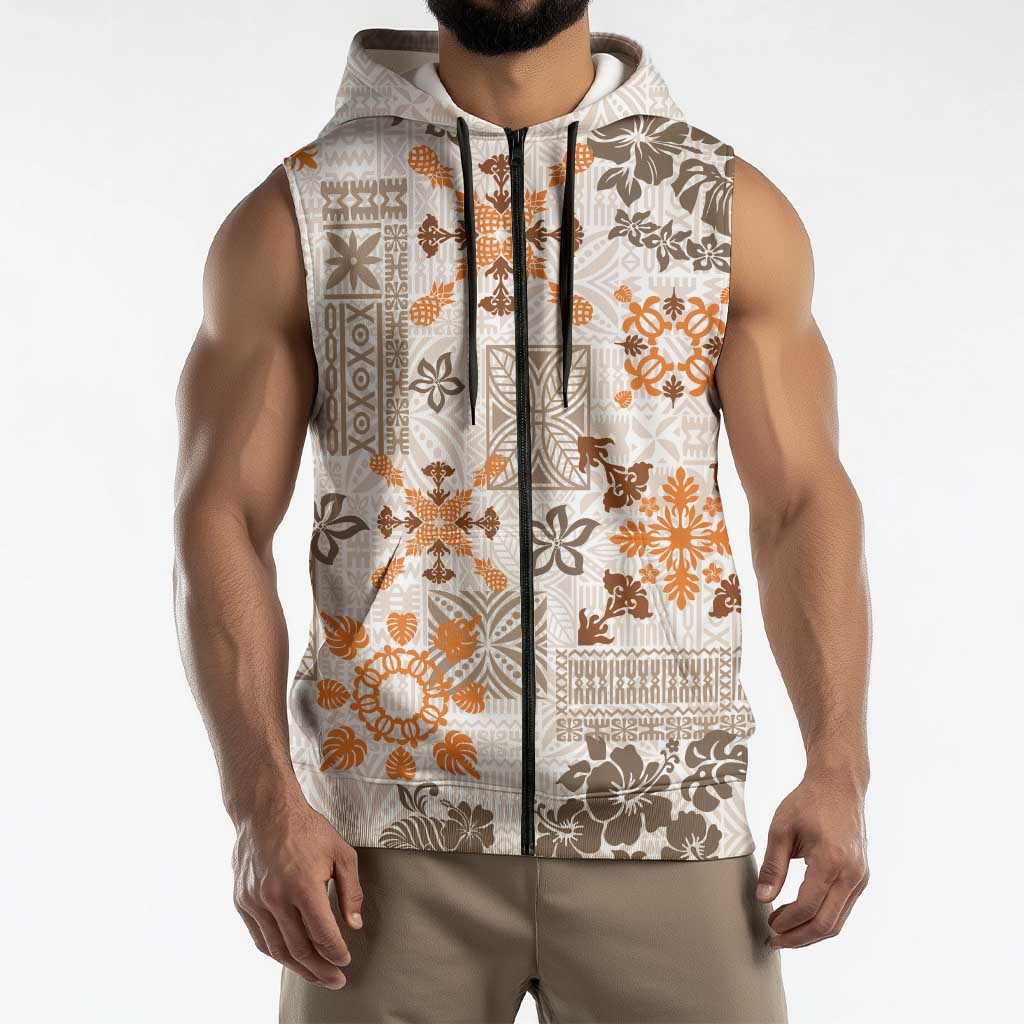 Hawaii Tapa Tribal Sleeveless Zip Hoodie With Hawaiian Quilt Pattern Gold - Polynesian Pride