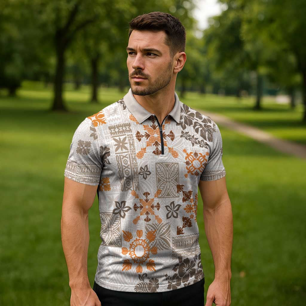 Hawaii Tapa Tribal Zipper Polo Shirt With Hawaiian Quilt Pattern Gold - Polynesian Pride