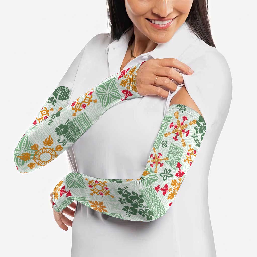 Hawaii Tapa Tribal Arm Sleeves With Hawaiian Quilt Pattern Green - Polynesian Pride