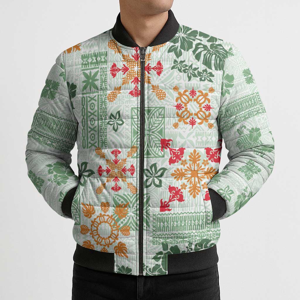 Hawaii Tapa Tribal Bomber Puffer Jacket With Hawaiian Quilt Pattern Green LT9 - Polynesian Pride