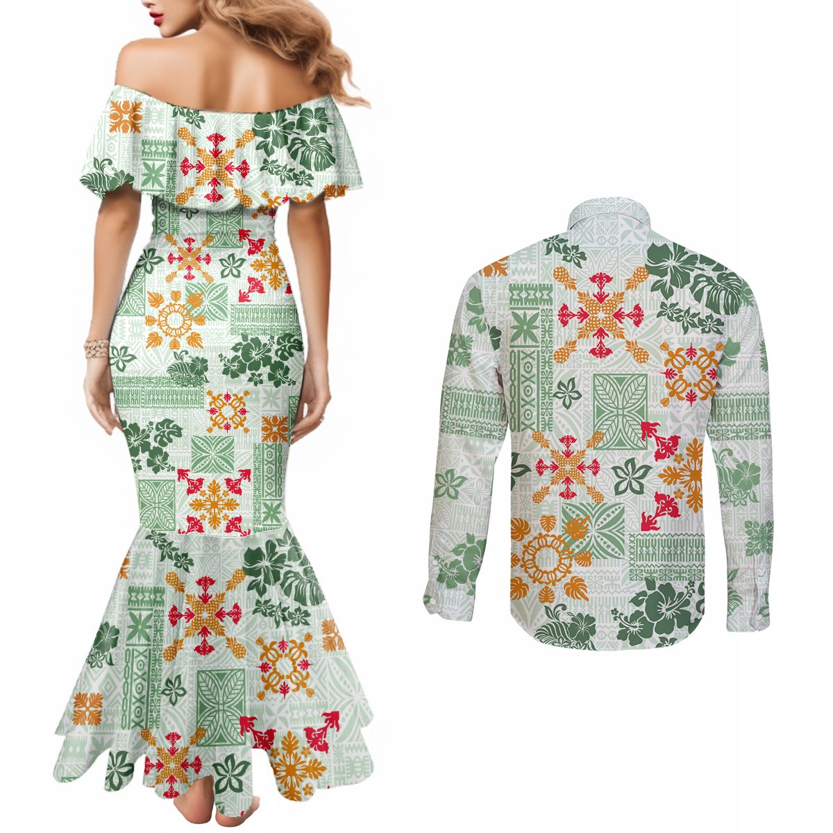 Hawaii Tapa Tribal Couples Matching Mermaid Dress and Long Sleeve Button Shirt With Hawaiian Quilt Pattern Green LT9 - Polynesian Pride