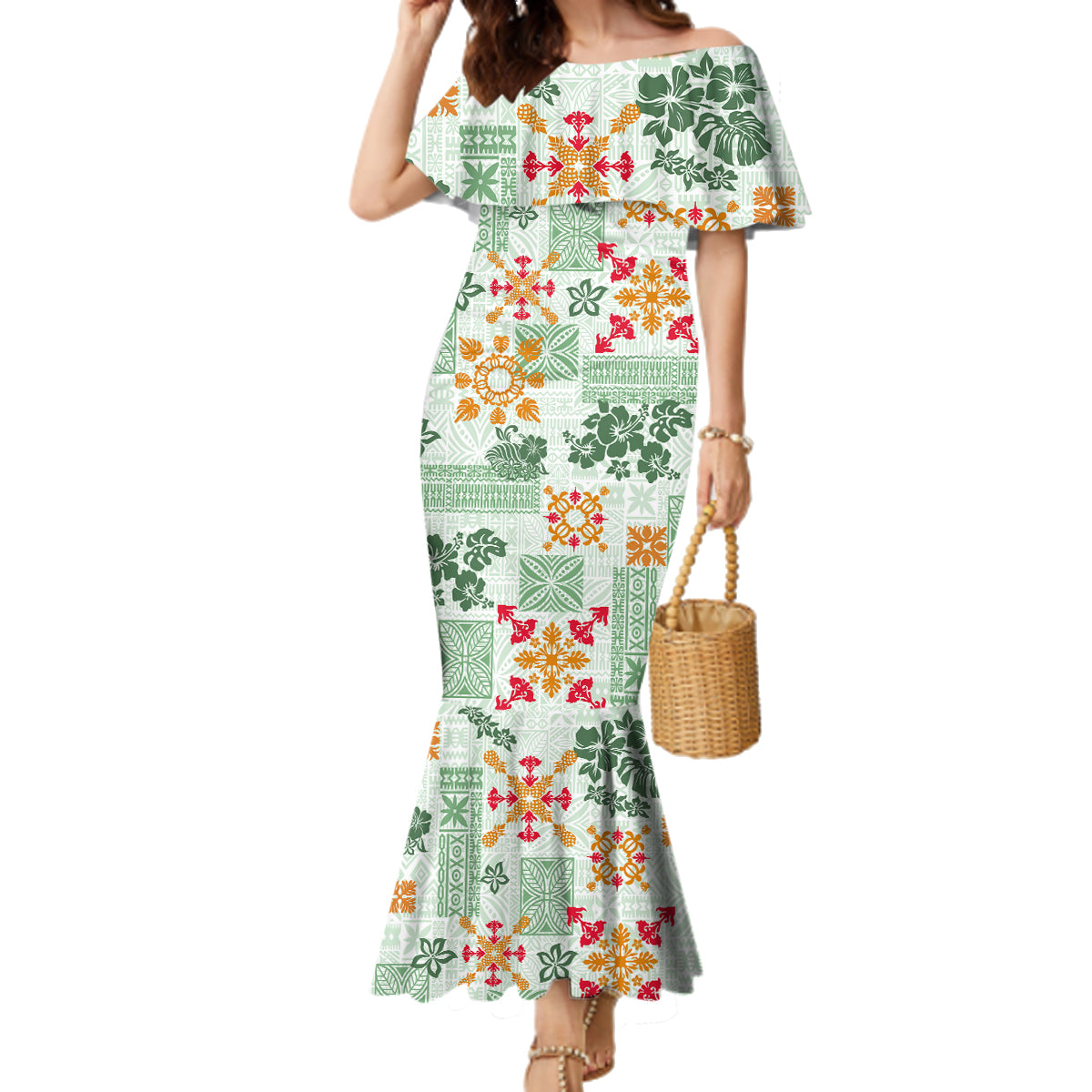 Hawaii Tapa Tribal Family Matching Mermaid Dress and Hawaiian Shirt With Hawaiian Quilt Pattern Green LT9 Mom's Dress Green - Polynesian Pride