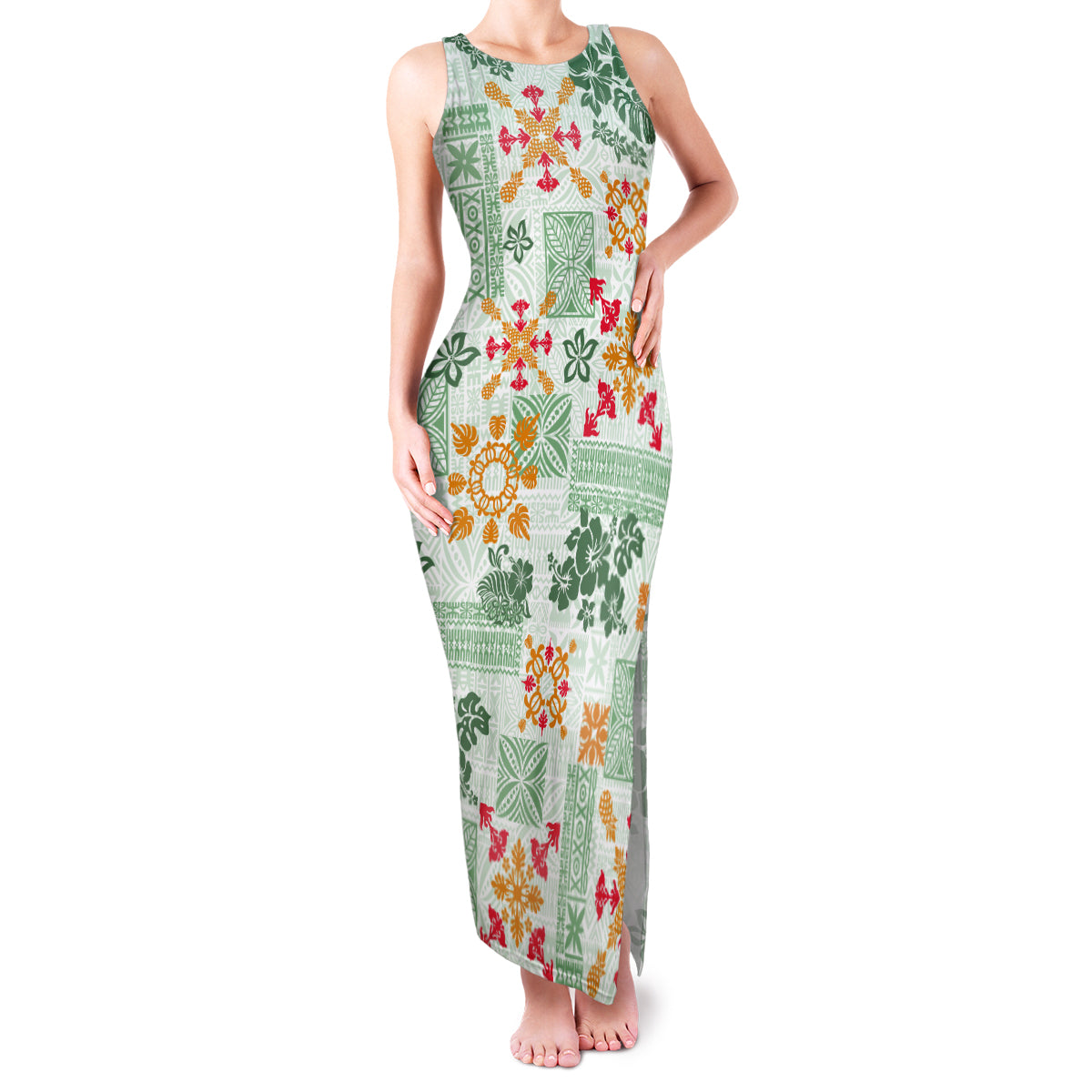 Hawaii Tapa Tribal Family Matching Tank Maxi Dress and Hawaiian Shirt With Hawaiian Quilt Pattern Green LT9 Mom's Dress Green - Polynesian Pride