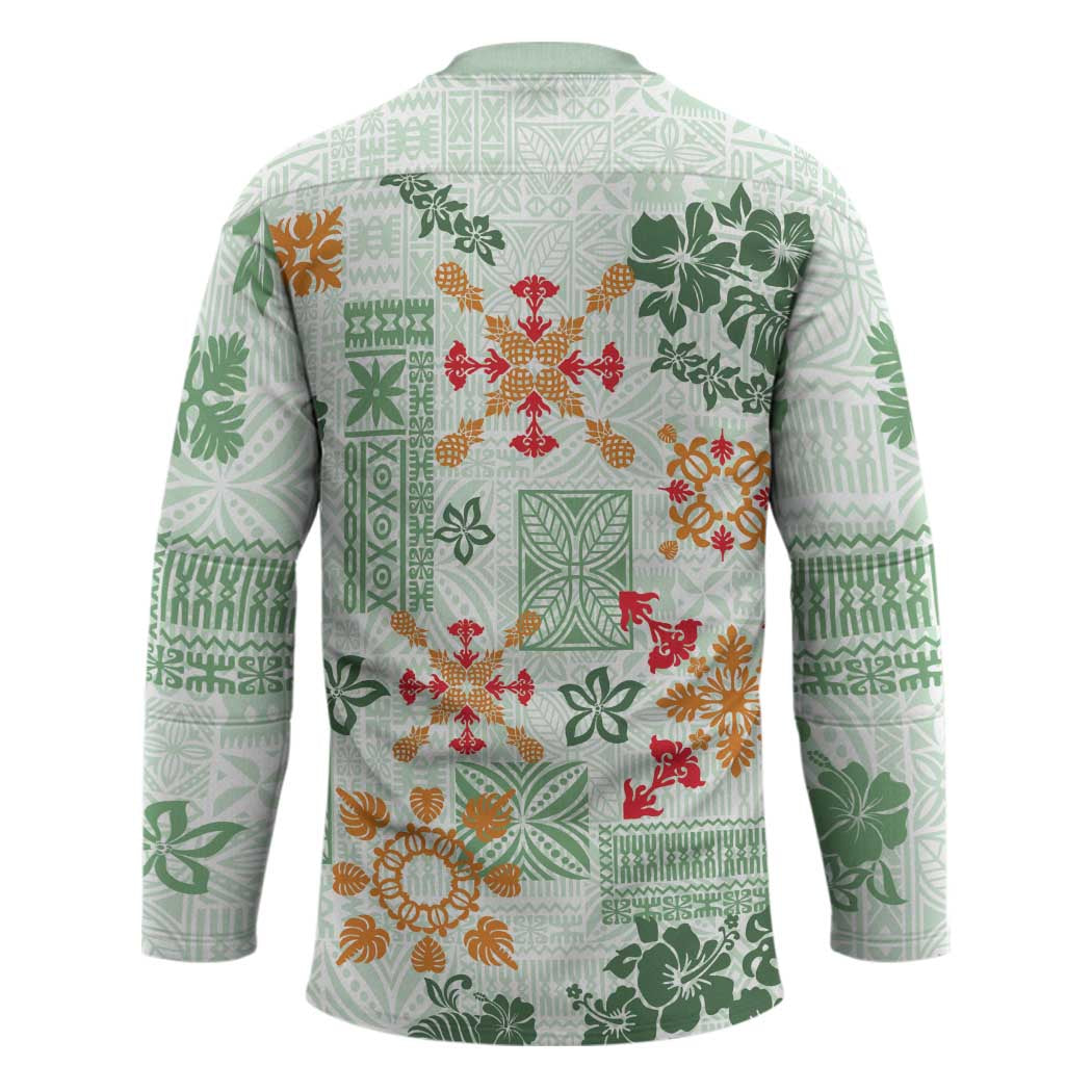 Hawaii Tapa Tribal Hockey Jersey With Hawaiian Quilt Pattern Green - Polynesian Pride
