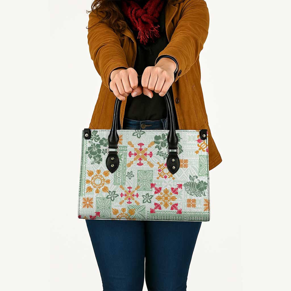 Hawaii Tapa Tribal Leather Bag With Hawaiian Quilt Pattern Green - Polynesian Pride