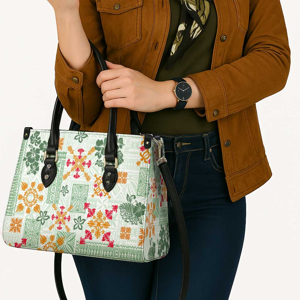 Hawaii Tapa Tribal Leather Bag With Hawaiian Quilt Pattern Green - Polynesian Pride