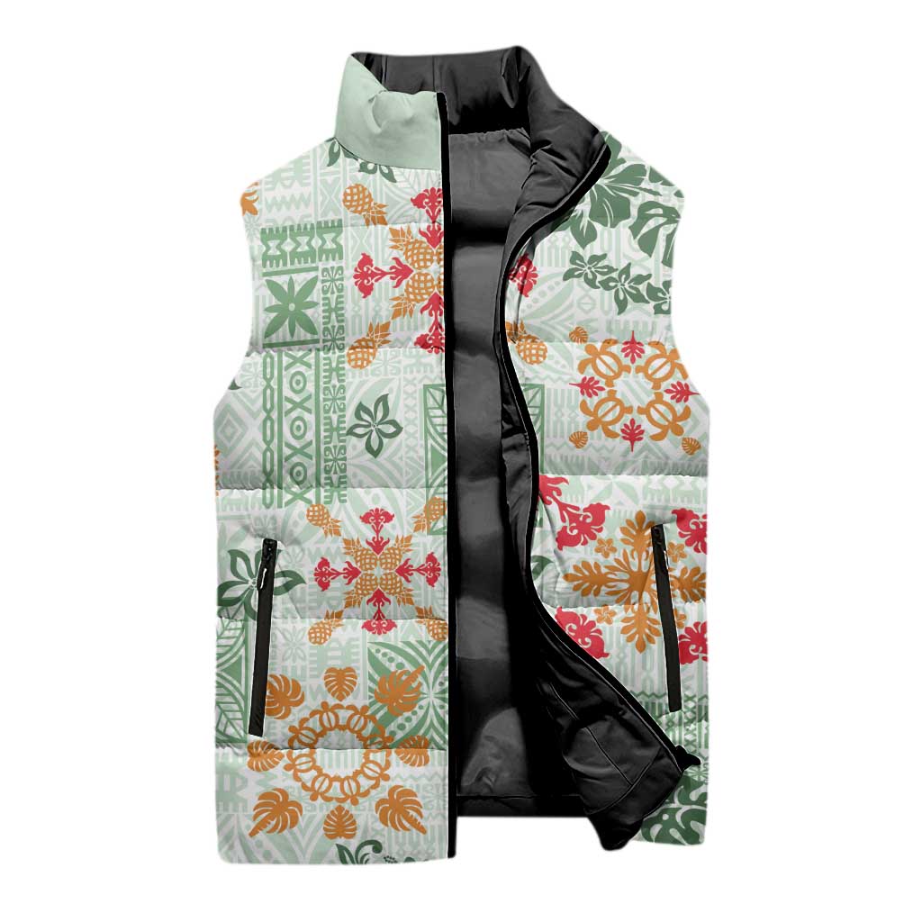Hawaii Tapa Tribal Sleeveless Puffer Jacket With Hawaiian Quilt Pattern Green LT9 - Polynesian Pride